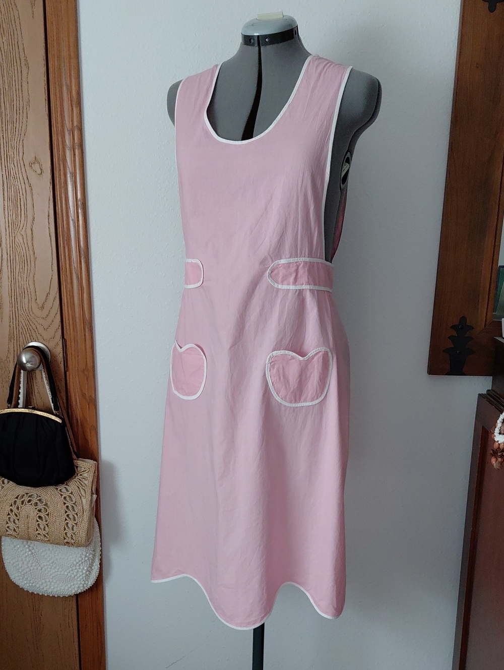 Vintage Pink Pinafore Apron Dress with White Contrast Trim Heart Shaped Pockets